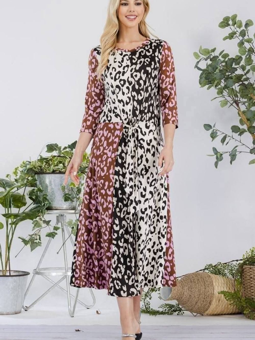 Celeste Colorblock Leopard Midi Dress in Brown, Pink, Black & Cream